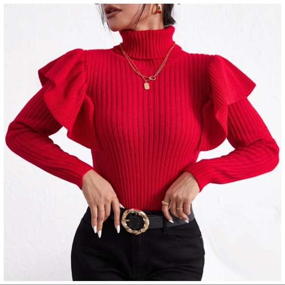 The Arti Red Ruffle Turtleneck Sweater - Picture 3 of 9